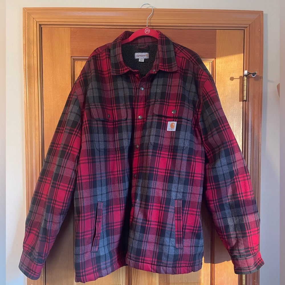 Men’s Carhartt Sherpa lined jacket, red plaid- size XL